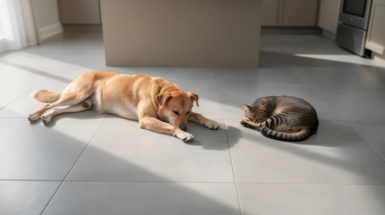 A sleepy dog lies stretched out on cool kitchen tiles with its legs extended forward, showcasing a common sleeping position for adult dogs. Nearby, a cat curls up in a tight ball, both pets enjoying a peaceful moment of rest in their comfortable sleeping positions.