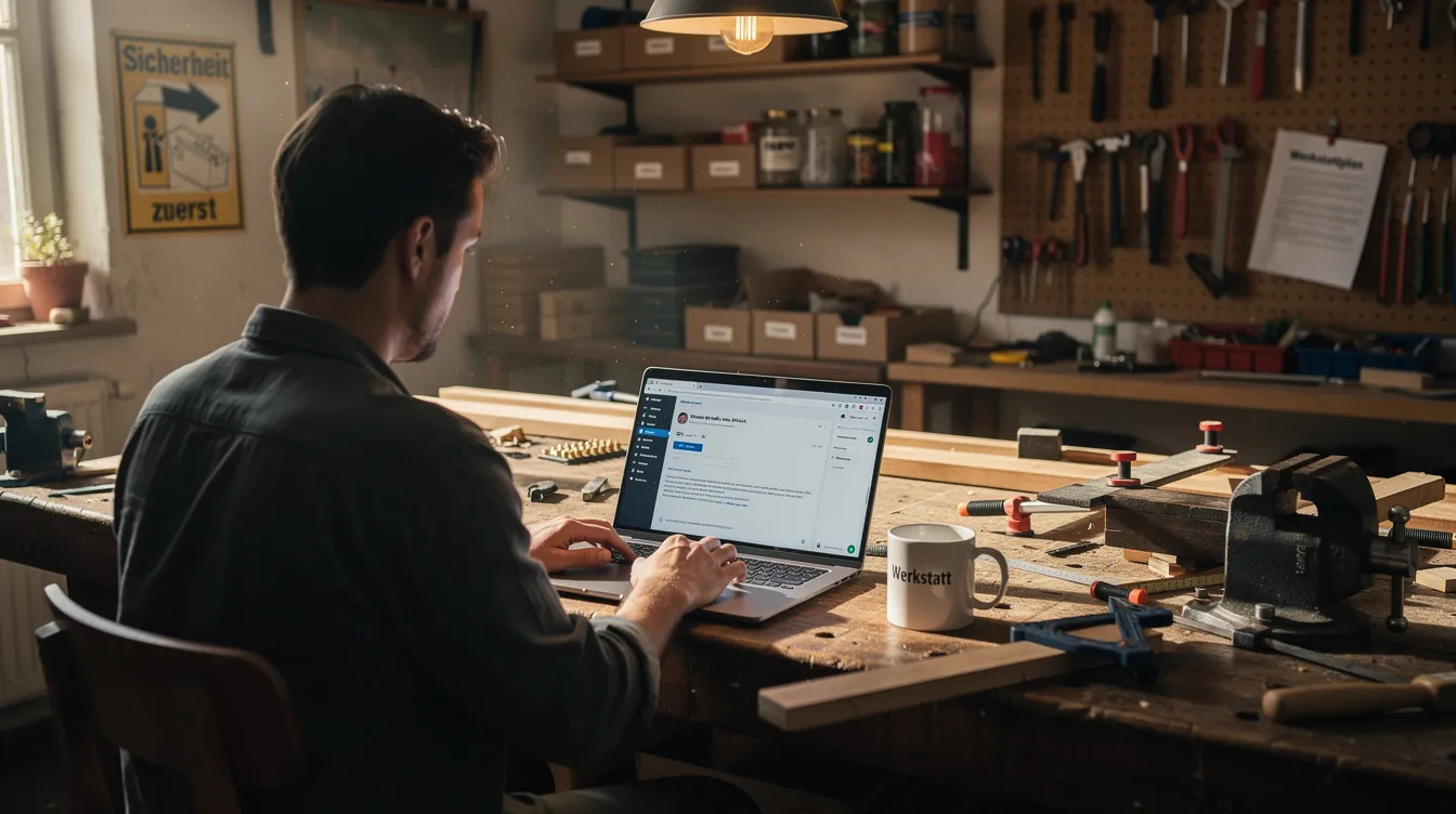 Eine Person sitzt an einem Laptop in einer Handwerkerwerkstatt und versendet eine E-Mail. Umgeben von Werkzeugen und Materialien, zeigt die Szene, wie wichtig digitale Kommunikation und Automatisierung für Handwerksbetriebe sind.