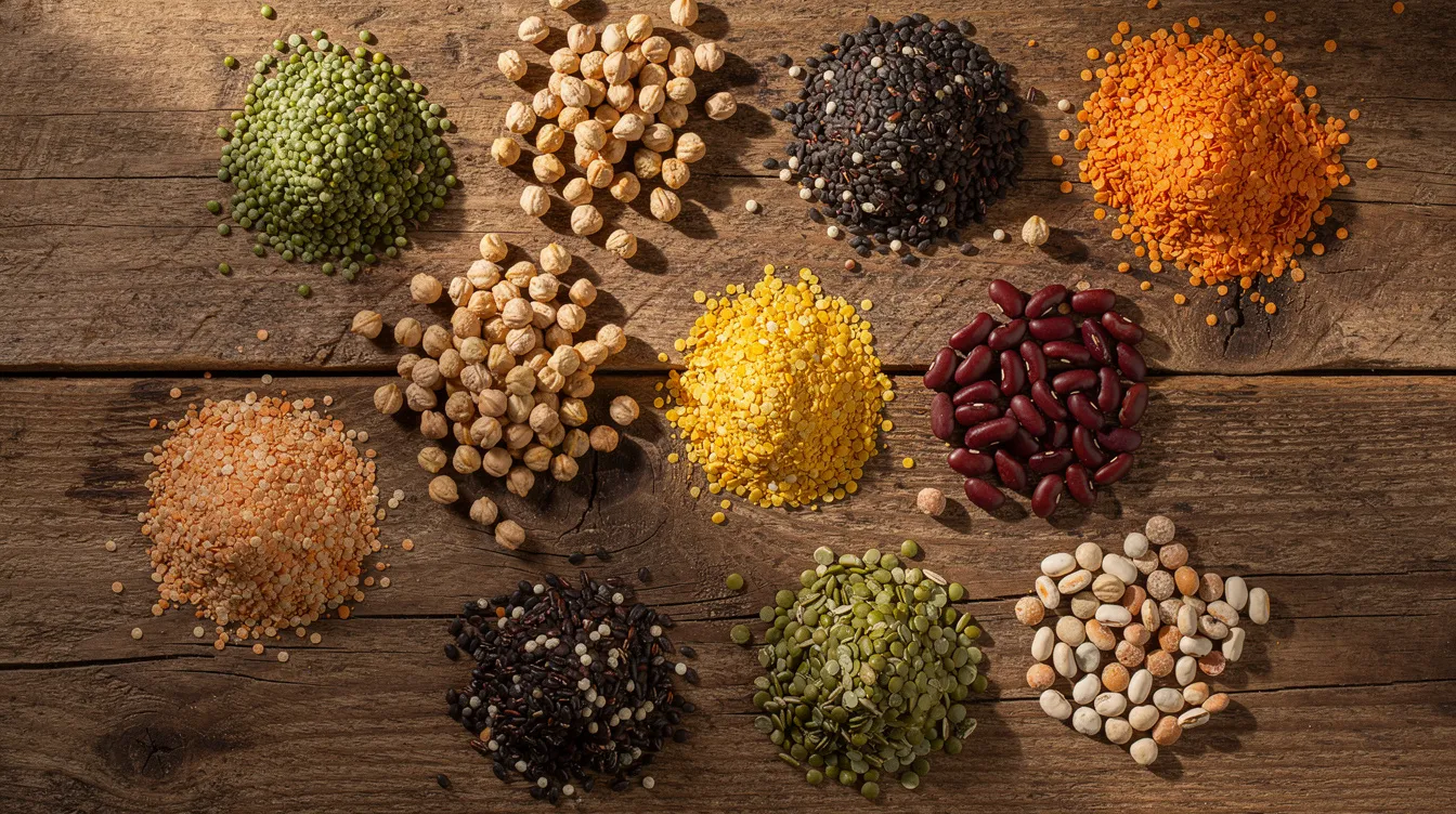 109ffcdd 7e16 4014 a114 3c71ff0e3980 The image shows a variety of raw pulses and split dal grains, including chana, moong, toor, and urad, spread out on a wooden surface, highlighting the raw materials used in the dal mill process. This visual representation emphasizes the quality and diversity of these protein-rich products that are essential in Indian cuisine.