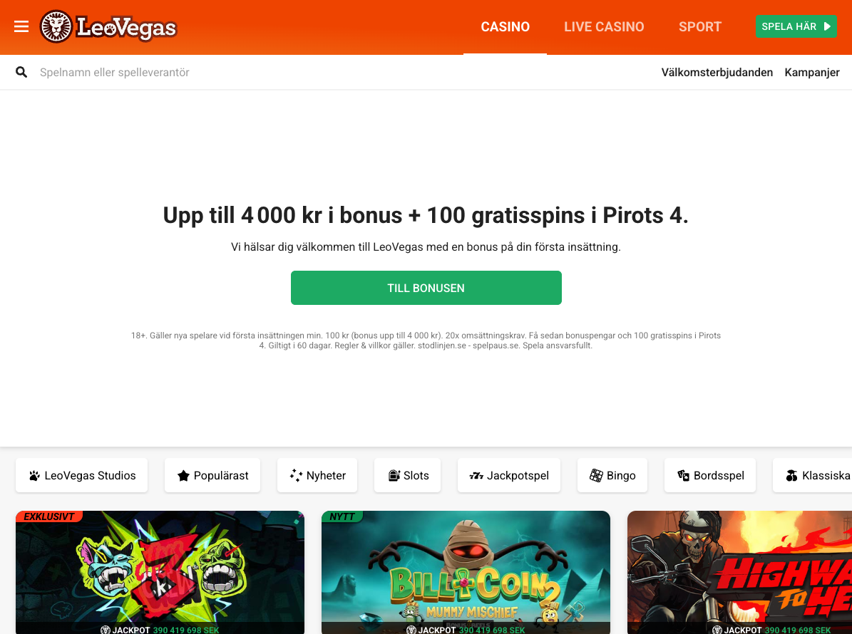  LeoVegas pay n play casino minsta insättning 100 kr - 18 spela ansvarsfullt