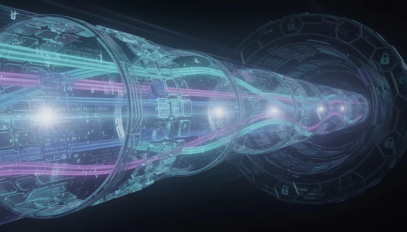The image depicts an abstract visualization of encrypted data flowing through a secure tunnel, symbolizing a virtual private network (VPN) connection. This representation emphasizes the importance of privacy and security for users accessing the internet, particularly in relation to services like the best vpn for iphone and free vpn options.