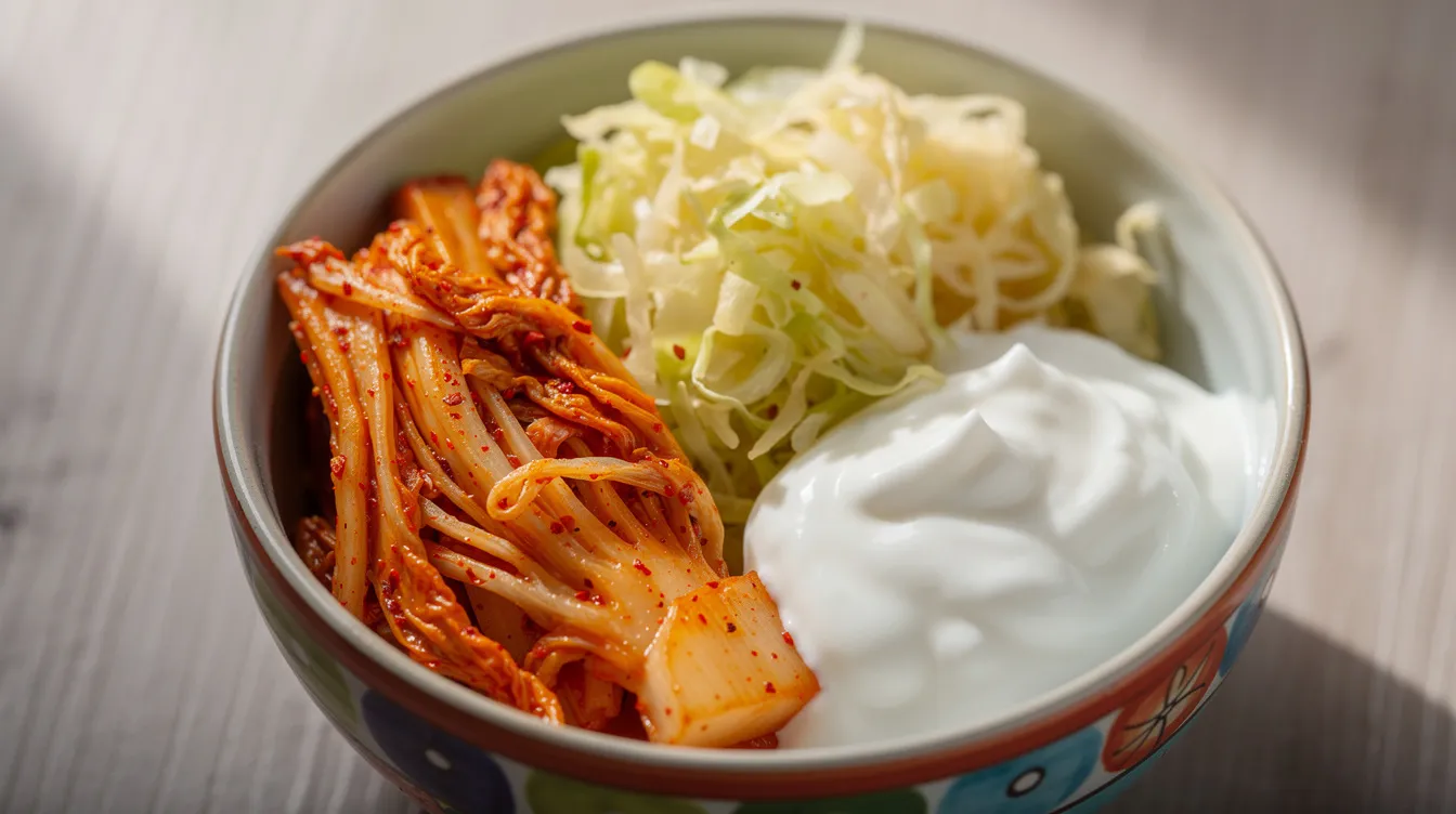 The image features a vibrant bowl filled with various fermented foods, including kimchi, sauerkraut, and yogurt, which are known to support gut health and improve digestion. These foods can positively influence the gut microbiome, potentially enhancing sleep quality and overall well-being.