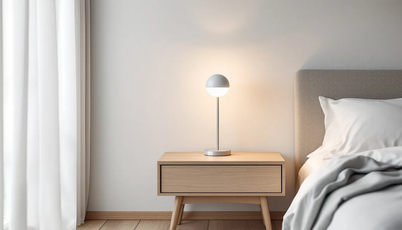 A beautifully arranged bedroom showcasing a stylish bedside table with a lamp.