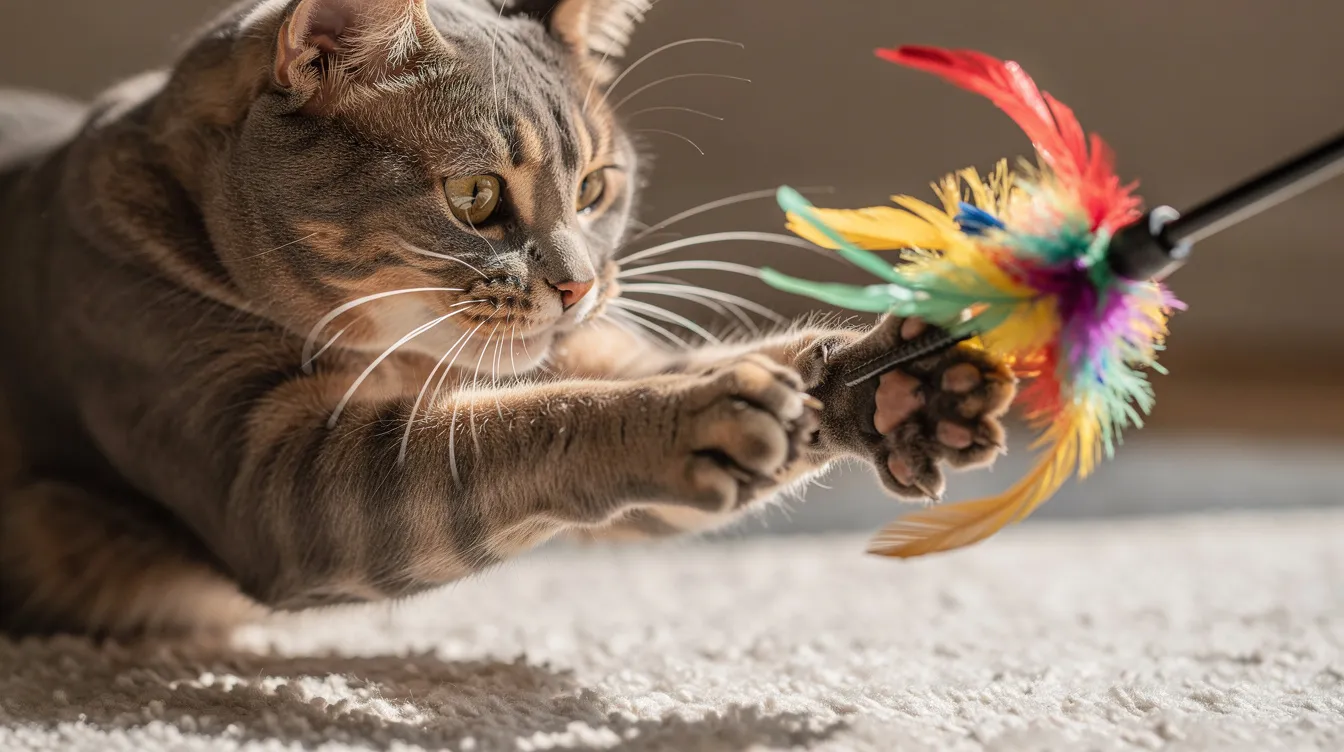A close-up image shows a playful cat interacting with a feather wand toy on a light-colored carpet, highlighting its curious nature. The cat's feline vision allows it to distinguish the vibrant colors of the toy, even though cats are colorblind and perceive a more limited spectrum compared to human eyes.