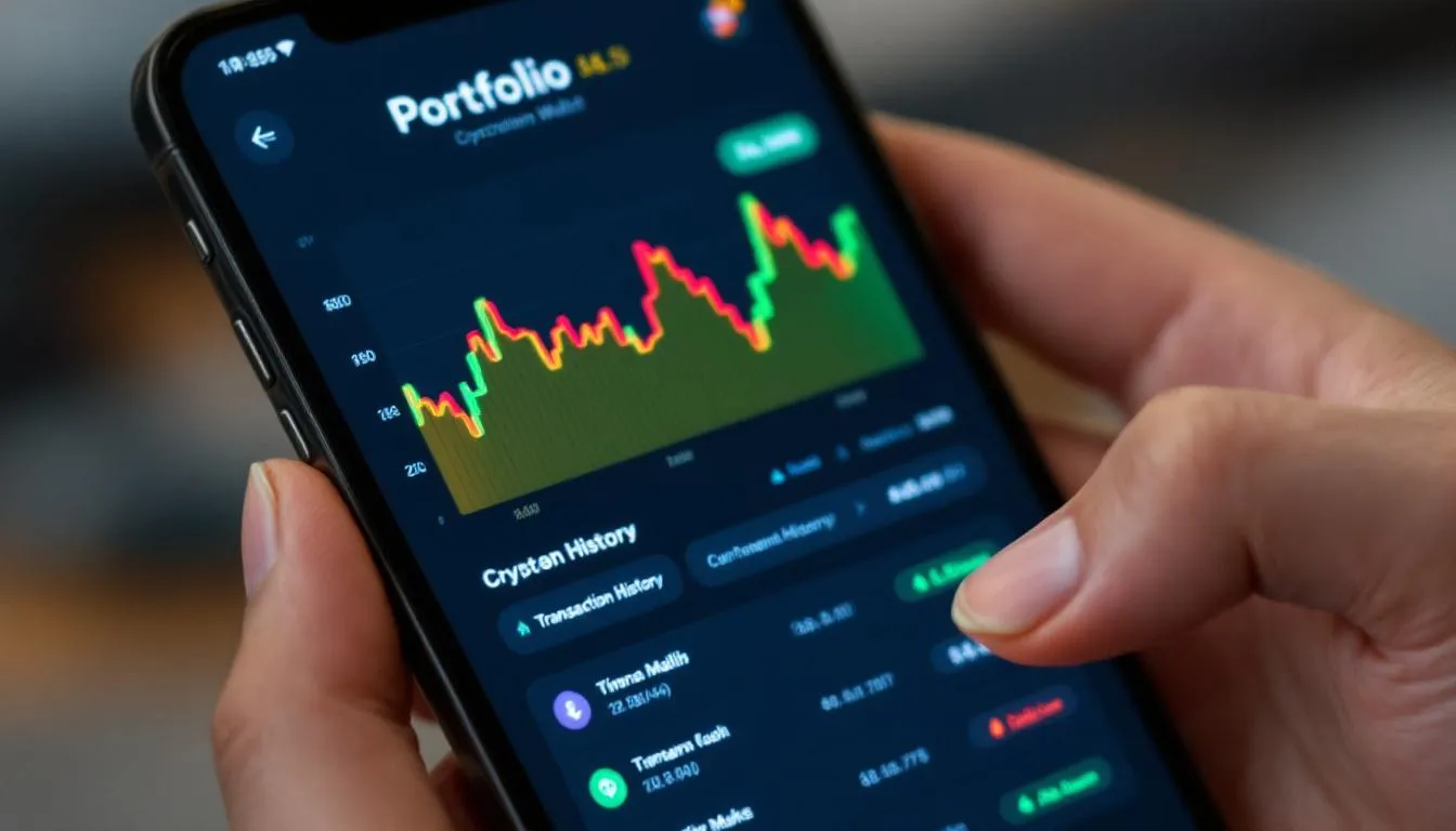 A smartphone displays a cryptocurrency wallet interface, showcasing portfolio charts and transaction history for managing digital assets. The app provides a secure way to track crypto transactions and monitor funds, emphasizing the importance of protecting private keys and enhancing crypto security.