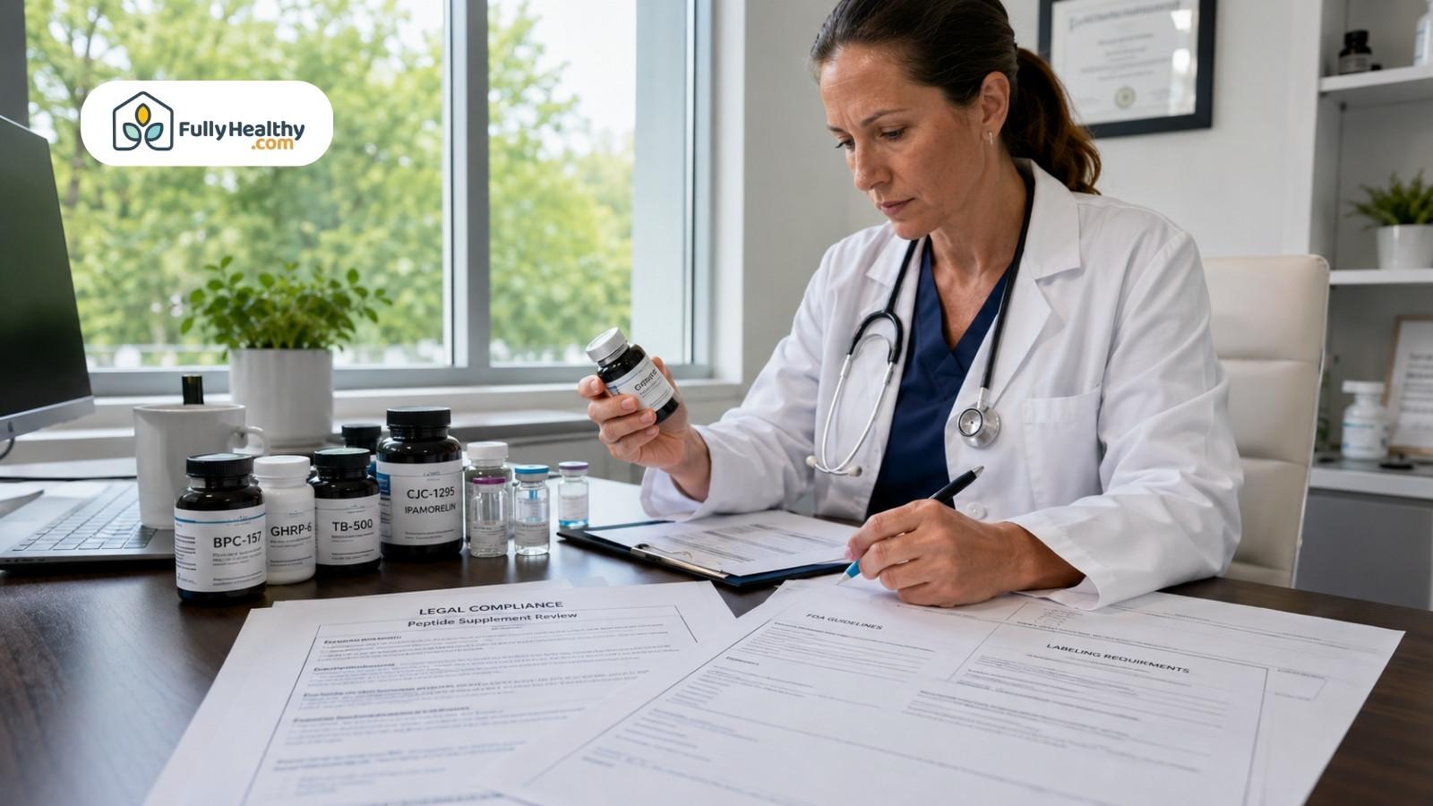 Doctor reviewing peptide supplement bottles and legal compliance papers in office
