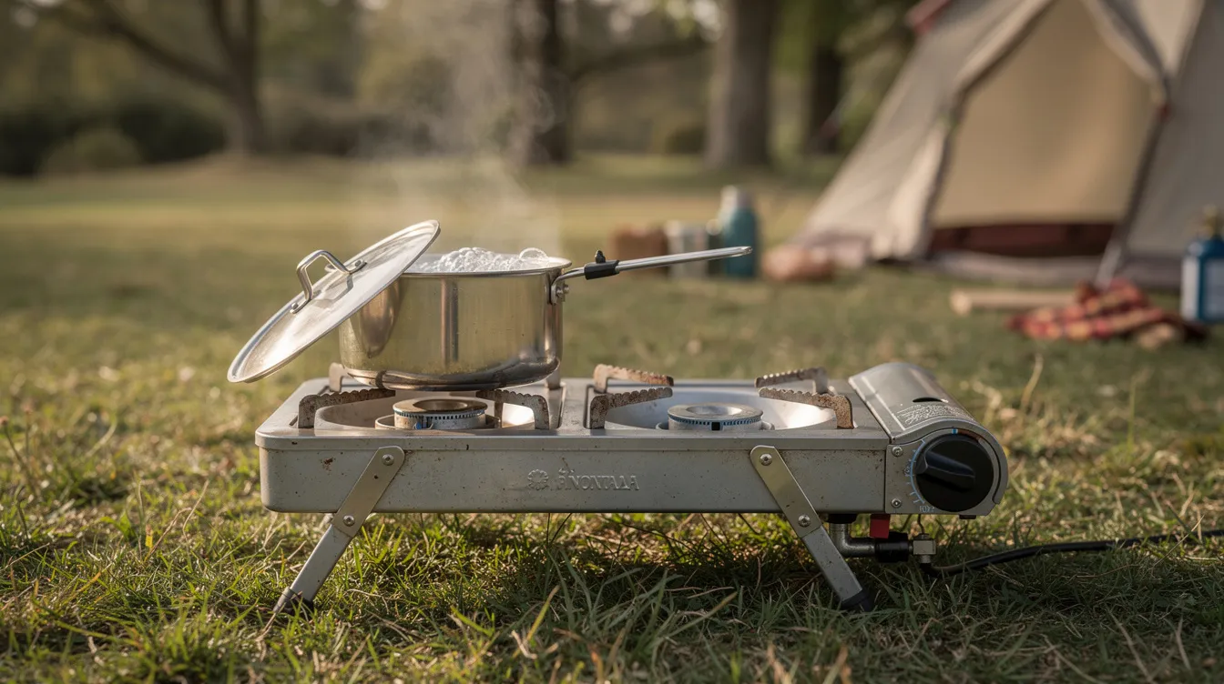 A portable two-burner camping stove sits on a grassy campsite, with a pot of water boiling on one burner, showcasing essential camping gear for food prep during a camping trip. Nearby, camping tents and other utensils are visible, emphasizing the outdoor cooking experience.