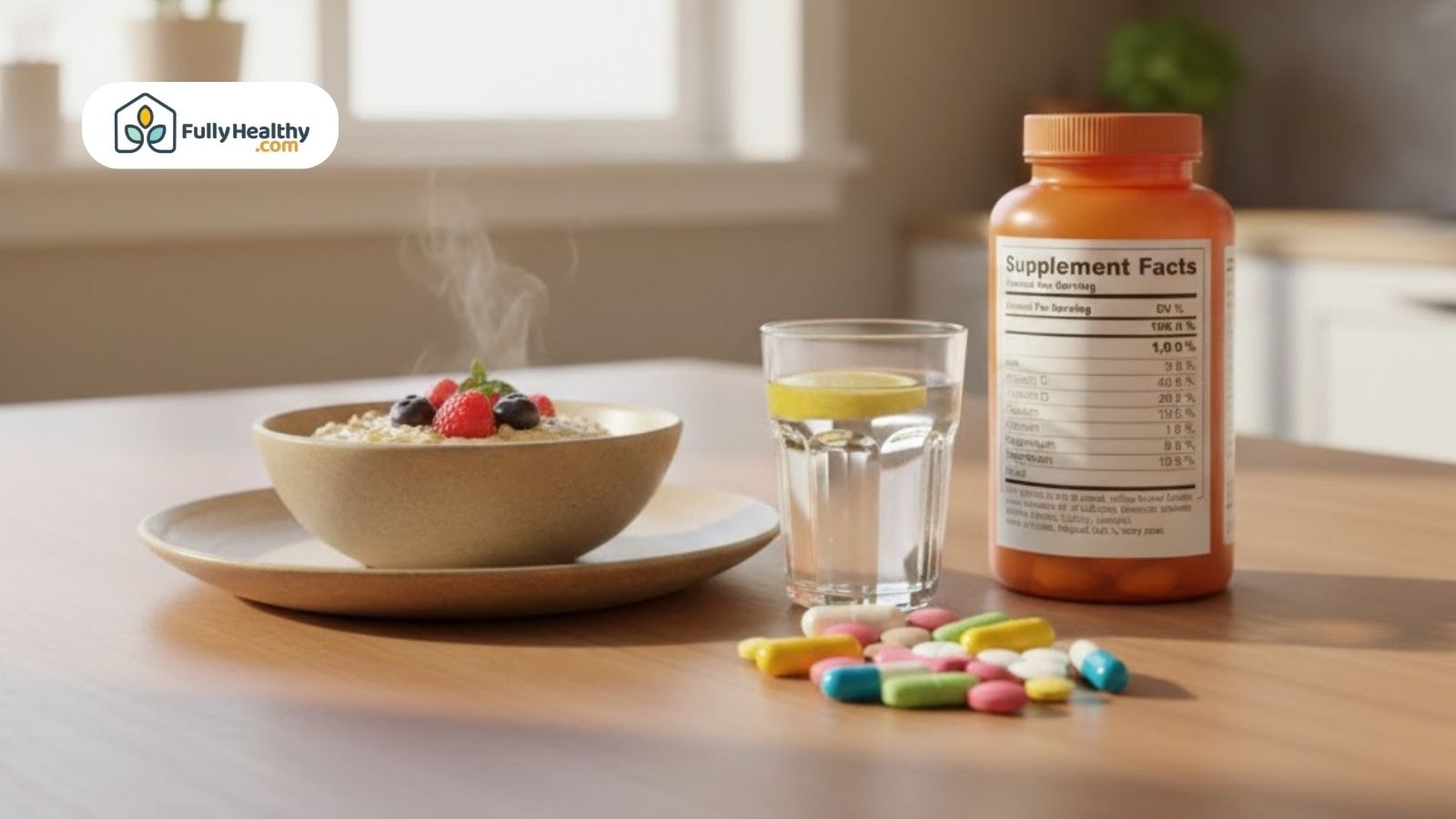 Multivitamin bottle with supplement facts panel beside oatmeal breakfast and water.