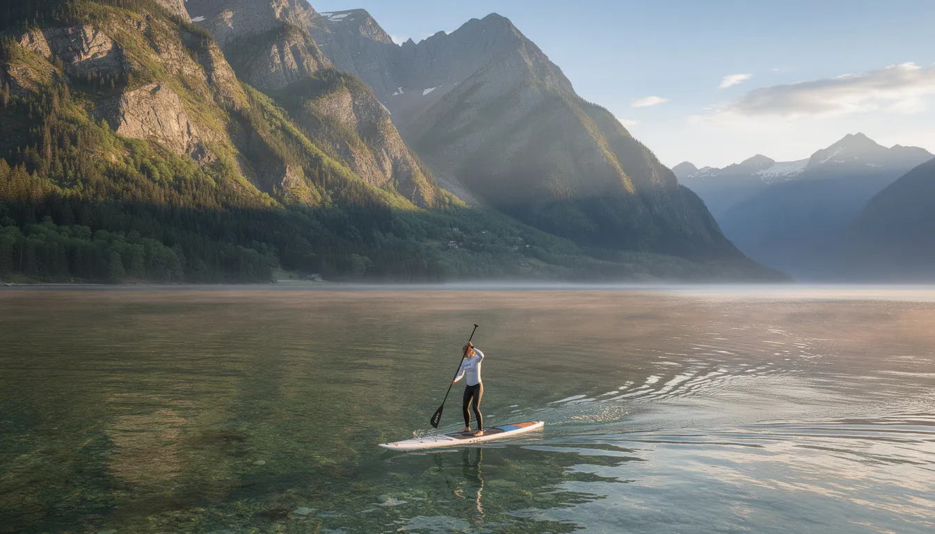 Una persona está practicando paddle surf en una bahía tranquila, rodeada de montañas, mientras disfruta de las suaves olas del mar. La escena refleja un ambiente sereno, ideal para este deporte acuático, que atrae a deportistas y principiantes por igual.
