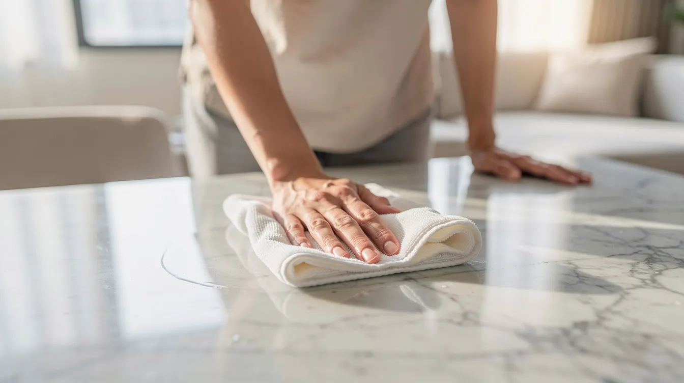 Een persoon wrijft met een zachte witte doek een lichte marmeren tafel droog in een lichte woonkamer. Het marmeren tafelblad krijgt extra glans terwijl de omgeving een rustige en opgeruimde uitstraling heeft.