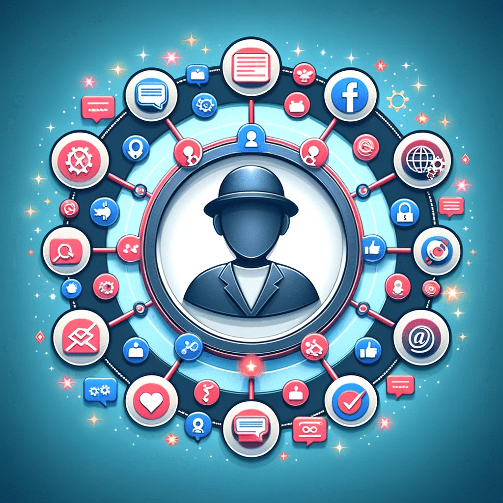 Ilustración de un influencer generando backlinks, rodeado de íconos de redes sociales y elementos interactivos. | Posiciona.Digital