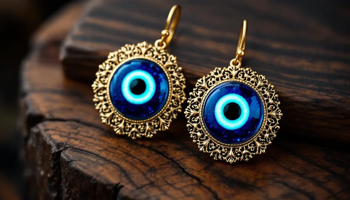 Stylish evil eye earrings displayed on a wooden surface, reflecting elegance and sophistication.