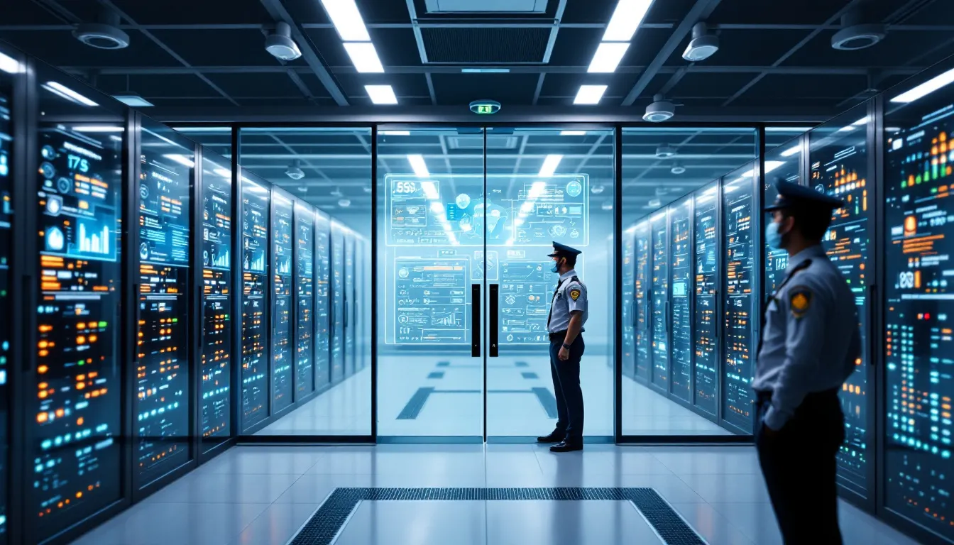 The image depicts a secure server room designed for healthcare data security, featuring advanced monitoring systems and multiple access control mechanisms to protect sensitive patient data. This environment is essential for healthcare organizations to ensure data security, manage electronic health records, and support quality improvement initiatives.