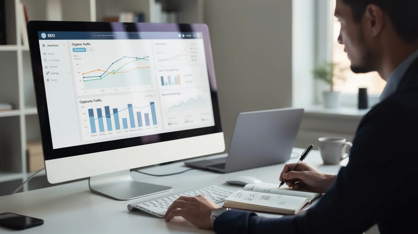 A person is focused on analyzing SEO metrics displayed on a computer screen, which features various graphs and charts that illustrate keyword difficulty, monthly search volumes, and keyword rankings. This analysis is essential for optimizing content strategy and improving organic traffic through effective keyword research and understanding search intent.