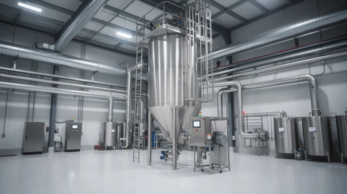 10b611f1 9b0f 4a38 bd31 8291b1ee6393 The image depicts an industrial stainless steel spray dryer tower located inside a food processing manufacturing facility, where the maltodextrin manufacturing process takes place. This equipment is essential for transforming starch slurry into a powdered form, contributing to the production of various food products and functional ingredients.