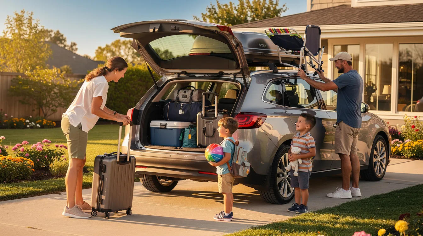 A family is loading luggage and holiday gear into a hatchback car on a sunny driveway, preparing for a summer road trip. They are ensuring the car is ready for a long journey by checking essentials like tyre pressure and air conditioning for the hot weather ahead.