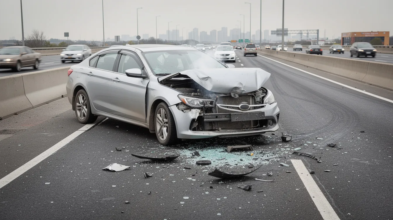 The image depicts a damaged vehicle on the highway following a collision, showcasing significant property damage and debris scattered around. This scene highlights the aftermath of a car accident, which could involve uninsured or underinsured drivers, raising concerns about insurance coverage and potential claims for medical expenses and vehicle repairs.