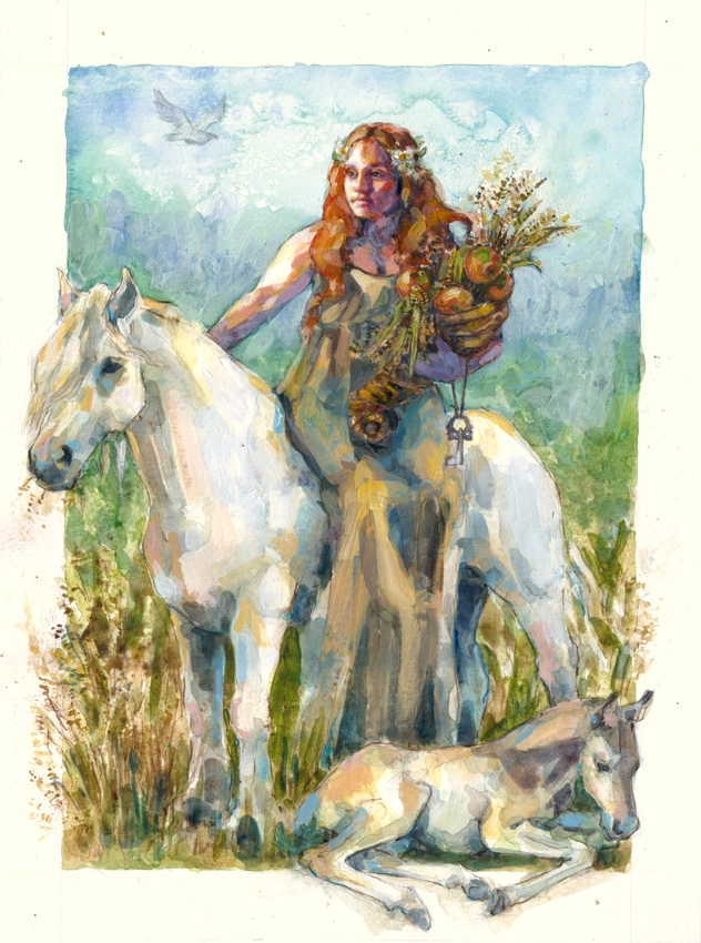 Goddess Epona is riding a white horse through a field with a cornucopia in hand with a smaller horse laying beside her. The image was done in water color.