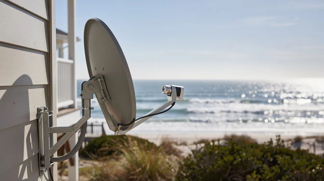 A satellite dish is mounted on the roof of a coastal residential property, with a beautiful view of the ocean in the background. This installation highlights the importance of professional DSTV installation services for optimal signal reception in Glentana.