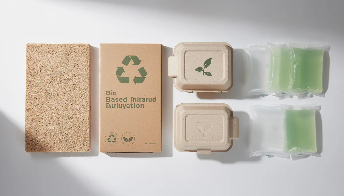 The image displays a variety of sustainable thermal packaging materials, including bio-based insulation, recyclable containers, and plant-based gel packs, all neatly arranged on a clean surface, highlighting eco-friendly packaging solutions that aim to reduce environmental impact and enhance sustainability in the cold chain industry.