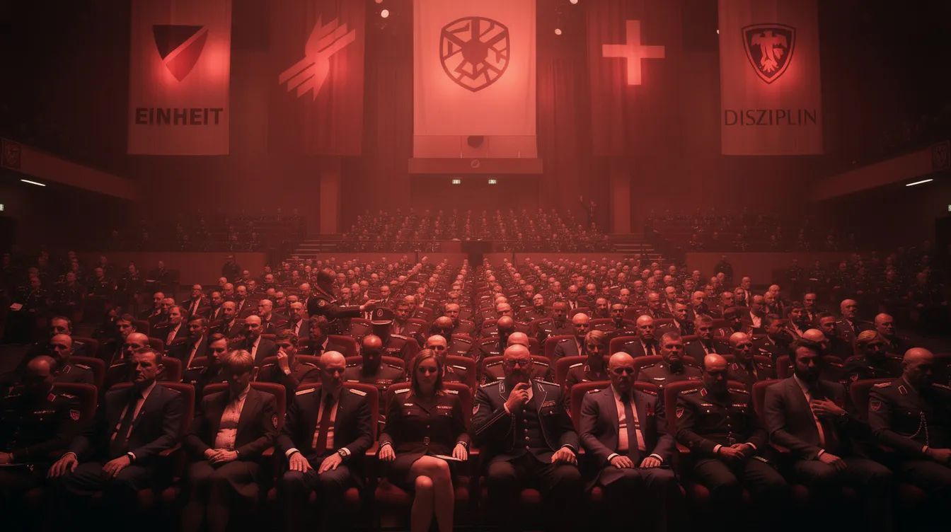 In einer großen Arena sitzen streng blickende Zuschauer in Anzügen und Uniformen in den Reihen, während rotes Licht die Szene dominiert. Im Hintergrund hängen große Banner und Flaggen, die auf den bevorstehenden Kampf zwischen Rocky Balboa und Ivan Drago hinweisen.