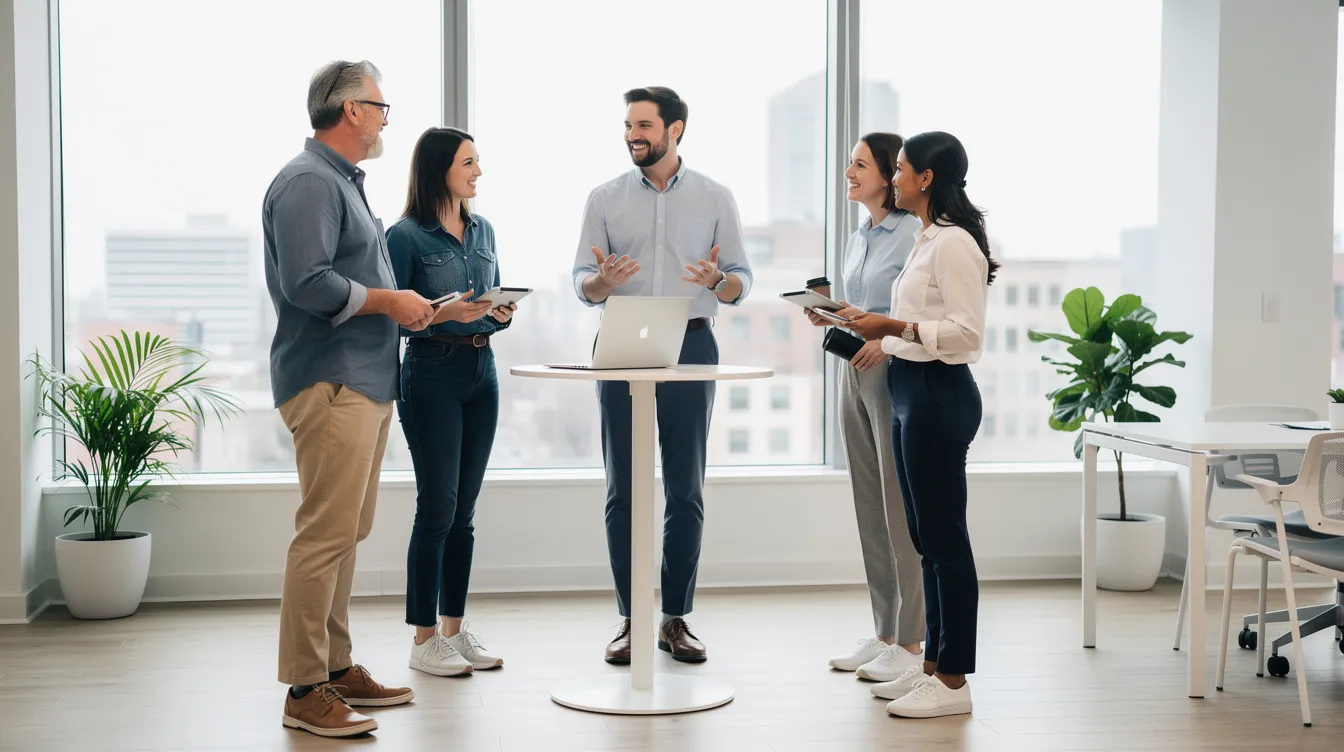 A small team of diverse business leaders is engaged in a brief standing meeting in a modern office, discussing key performance indicators and strategies to enhance customer satisfaction. The atmosphere reflects a focus on operational clarity and effective communication, essential for supporting sustainable growth in small business operations.