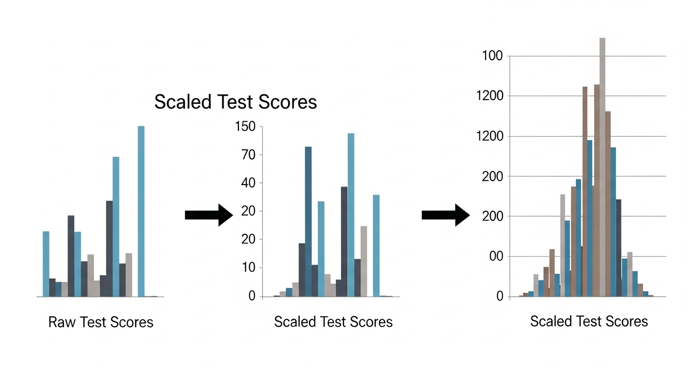 Clean academic diagram showing how raw scores and question difficulty combine to produce scaled test scores