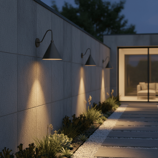 Modern outdoor wall sconces with angled shades illuminating a minimalist walkway with soft landscape lighting.