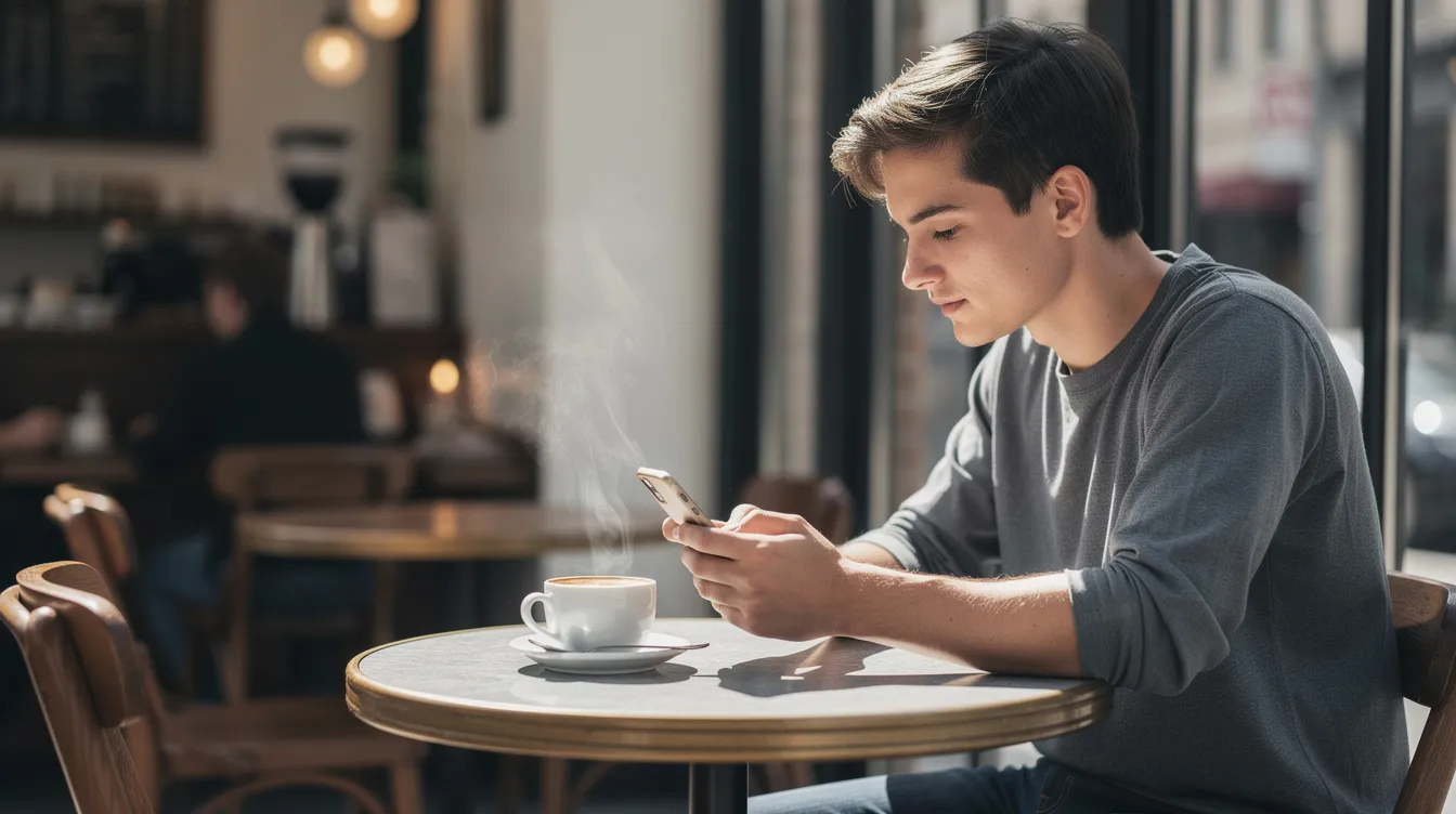 A person is sitting at a cafe, checking their phone while a coffee cup rests on the table in front of them. This scene captures a moment of relaxation, possibly while managing their personal account or exploring options for international money transfers.