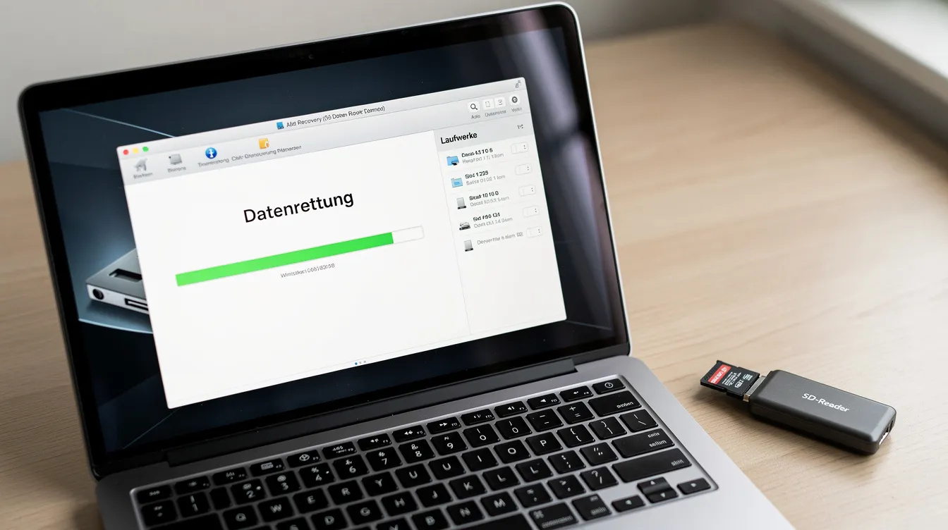 Auf dem Laptop-Bildschirm ist eine geöffnete Datenrettungssoftware zu sehen, während daneben eine SD-Karte im Kartenleser auf dem Schreibtisch liegt. Die Software zeigt Informationen über die Speicherkapazität und mögliche Datenwiederherstellungsergebnisse an, was für Fotografen und Nutzer von Digitalkameras von Bedeutung ist.