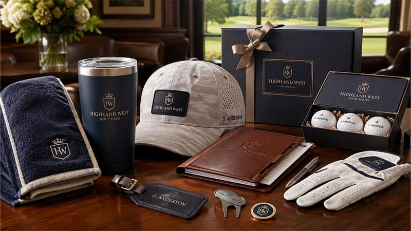 Luxury golf gift set with a personalized towel, tumbler, cap, leather notebook, glove, golf balls, and presentation boxes in a clubhouse