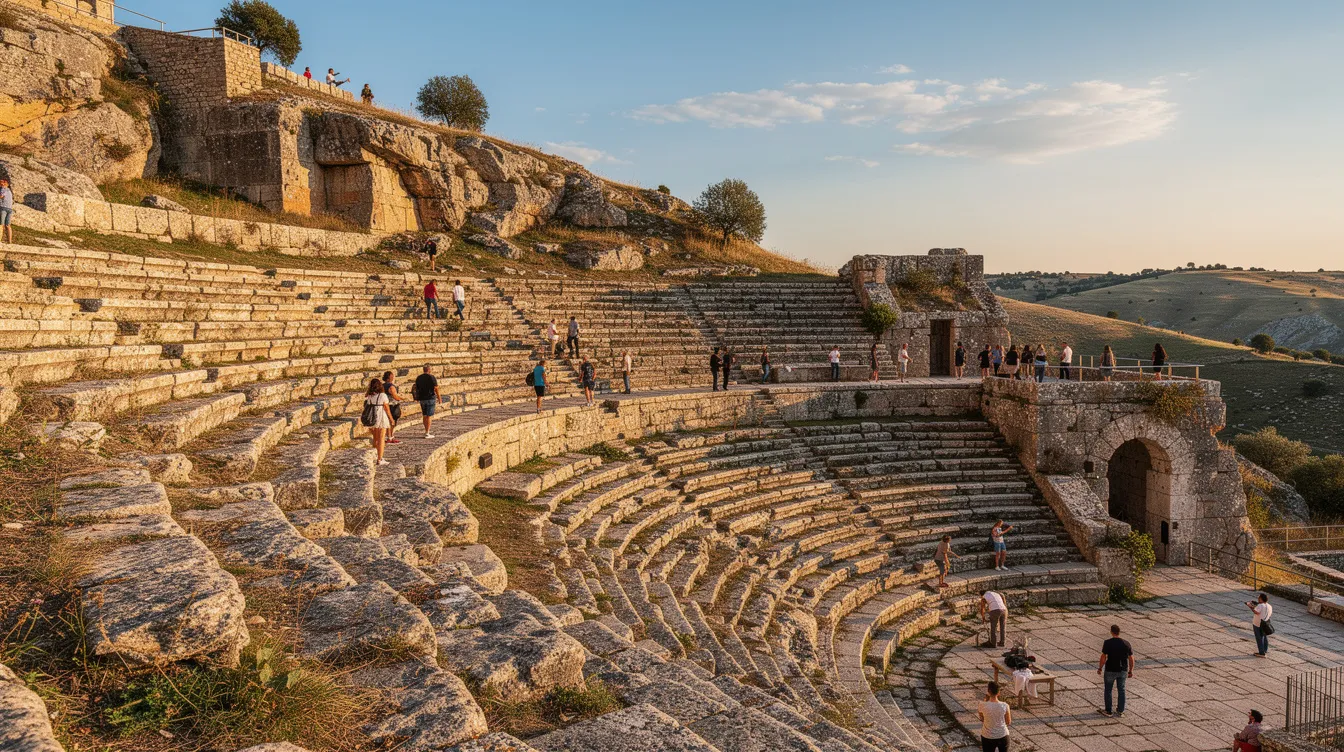 A wide view of the ancient amphitheater in Ephesus, Turkey, showcases well-preserved ruins carved into a hillside, with visitors walking on the stone seats. This UNESCO World Heritage site, dating back to Roman times, highlights the grandeur of the ancient city and its cultural significance in the ancient world.