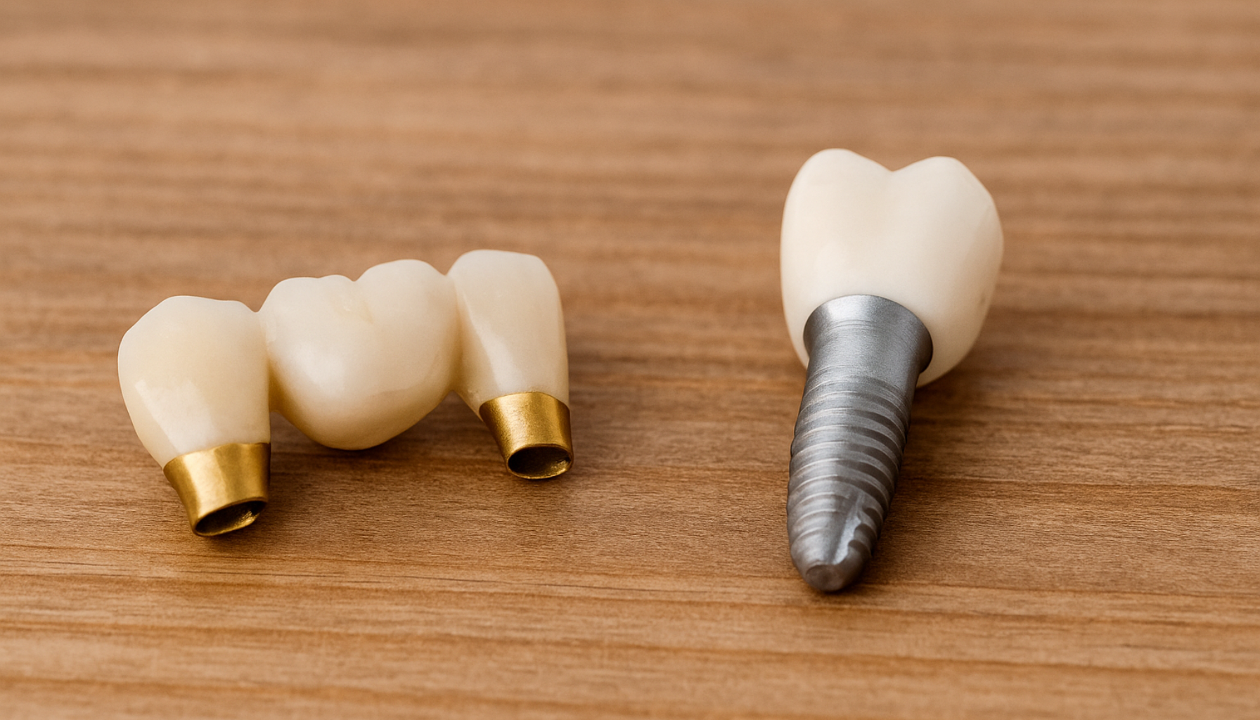 Tannbro og tannimplantat ligger på trebord, viser ulike tannbehandlingsalternativer i nærbilde.