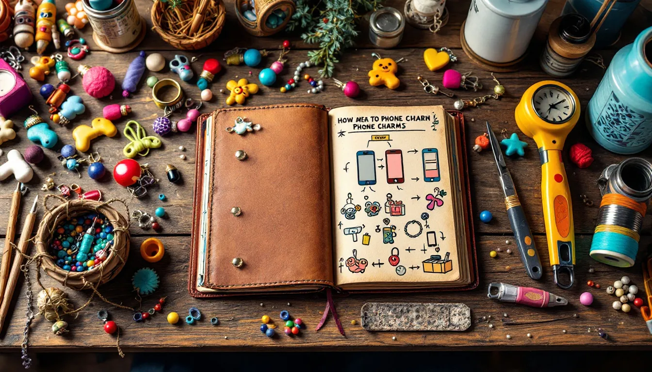 Various phone charms displayed creatively for selection.