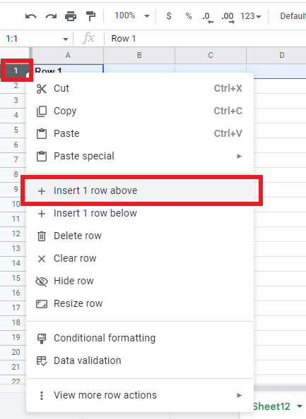 Select a row on the left most of the spreadsheet, and click Insert 1 row above or below.