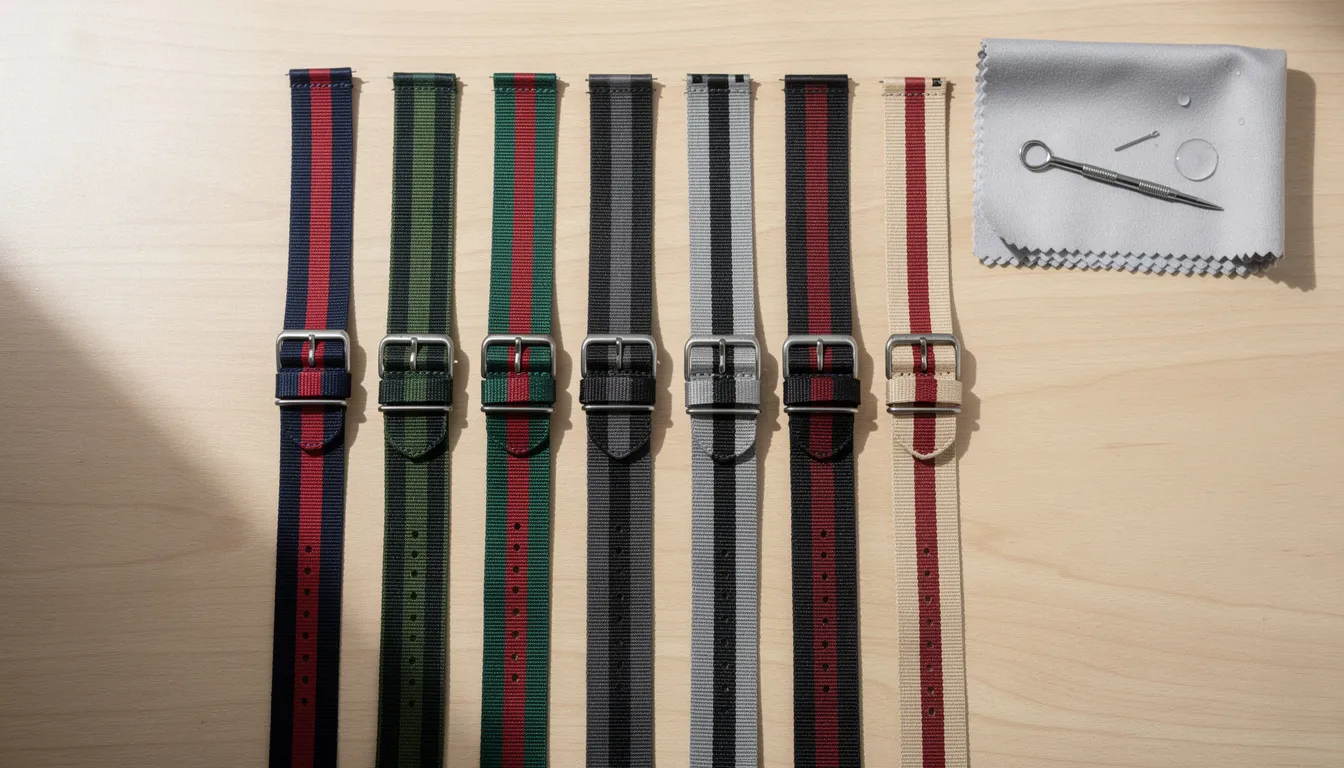 The image features clean regimental watch straps laid out neatly to air dry, showcasing various colors including green, grey, and brown, emphasizing proper care techniques for military watch straps. The organized display highlights the importance of maintaining these durable straps, suitable for military watches and NATO straps.