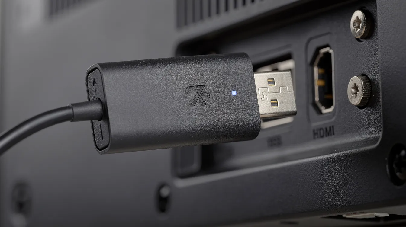 The image shows a close-up of a streaming device, such as an Apple TV or Android box, plugged into the HDMI port of a smart TV, highlighting the technology that enables IPTV Canada service for smooth streaming of live channels and entertainment content. This setup is essential for Canadian viewers looking to access a variety of channels through their IPTV subscription.