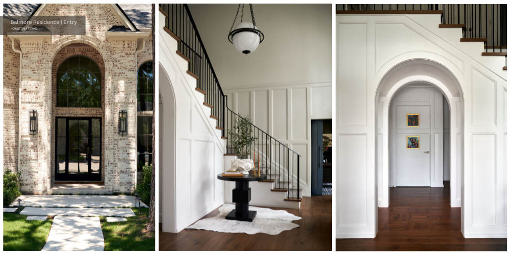 a brick and metal front door and white entryway with paneling