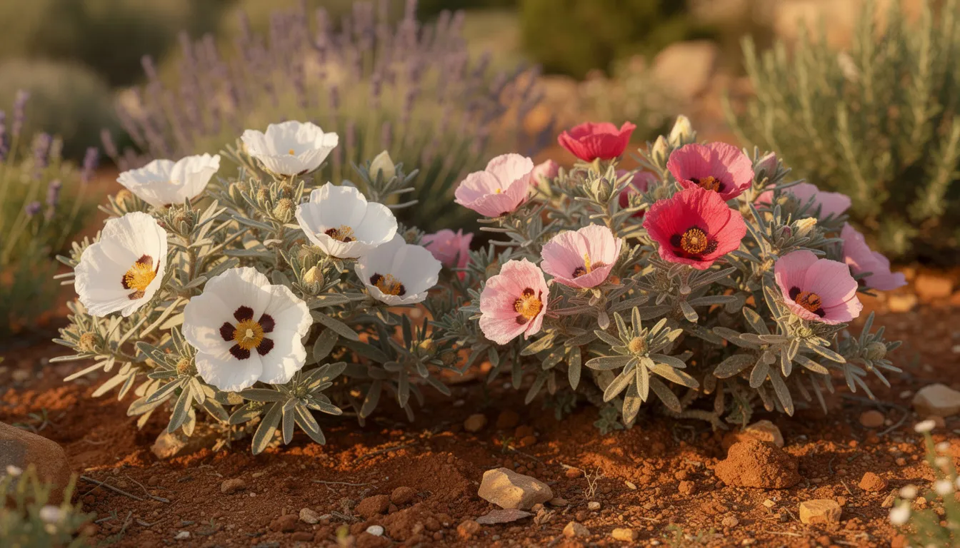 Im Bild sind verschiedene Arten von Zistrosen (Cistus) in einem mediterranen Garten zu sehen. Die Pflanzen zeigen ihre charakteristischen Blüten und Blätter, die zur Familie der Cistaceae gehören, und vermitteln ein Gefühl von mediterraner Flora und Heilpflanzen, die oft für die Zubereitung von Cistus Tee verwendet werden.