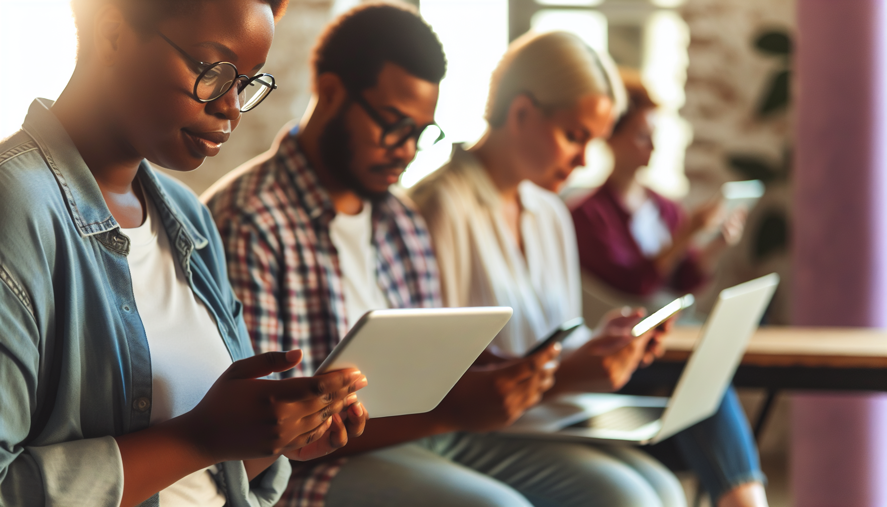 Diverse group of people using digital devices