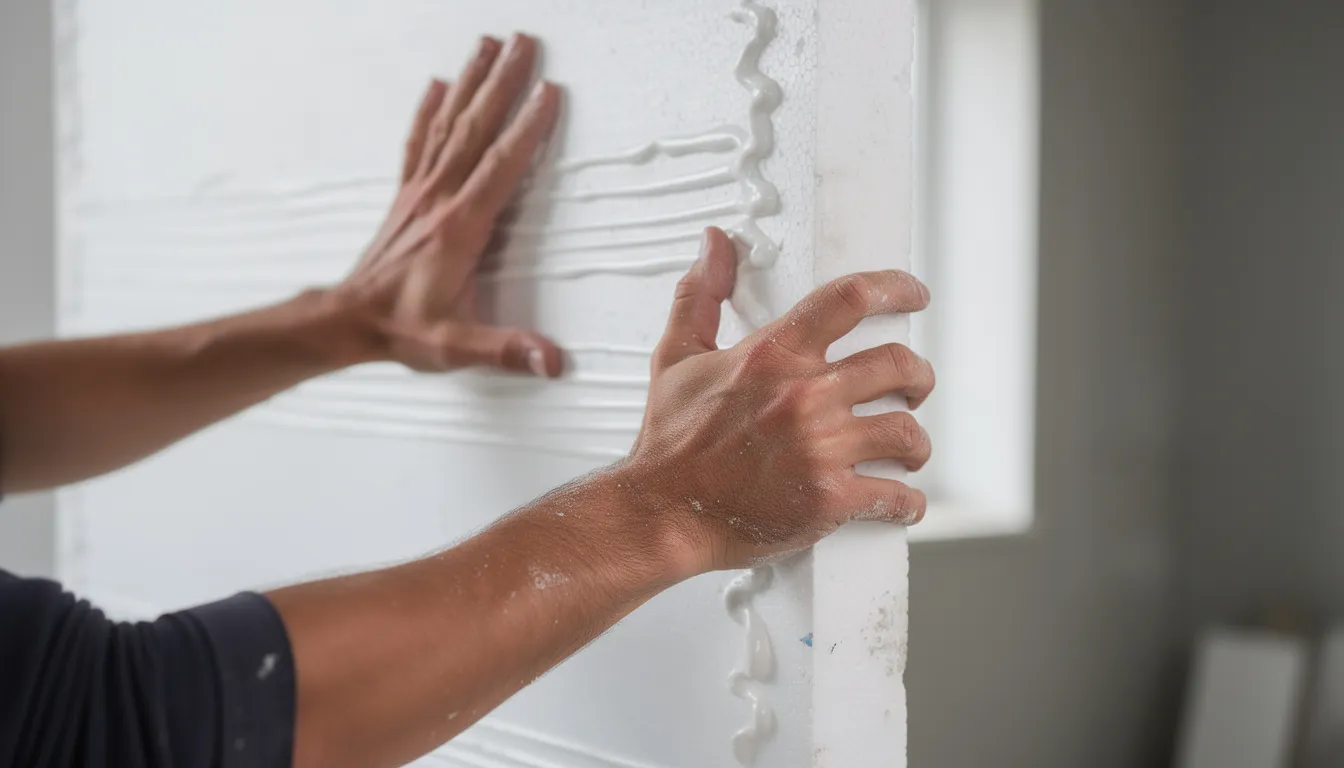 Twee handen drukken een lichtgewicht EPS wandpaneel tegen een muur, waarbij de zichtbare lijmbanen duidelijk zichtbaar zijn. Dit paneel, gemaakt van geëxpandeerd polystyreen, biedt niet alleen akoestische isolatie, maar ook een visueel aantrekkelijke uitstraling voor diverse wanden in zowel binnen- als buitentoepassingen.