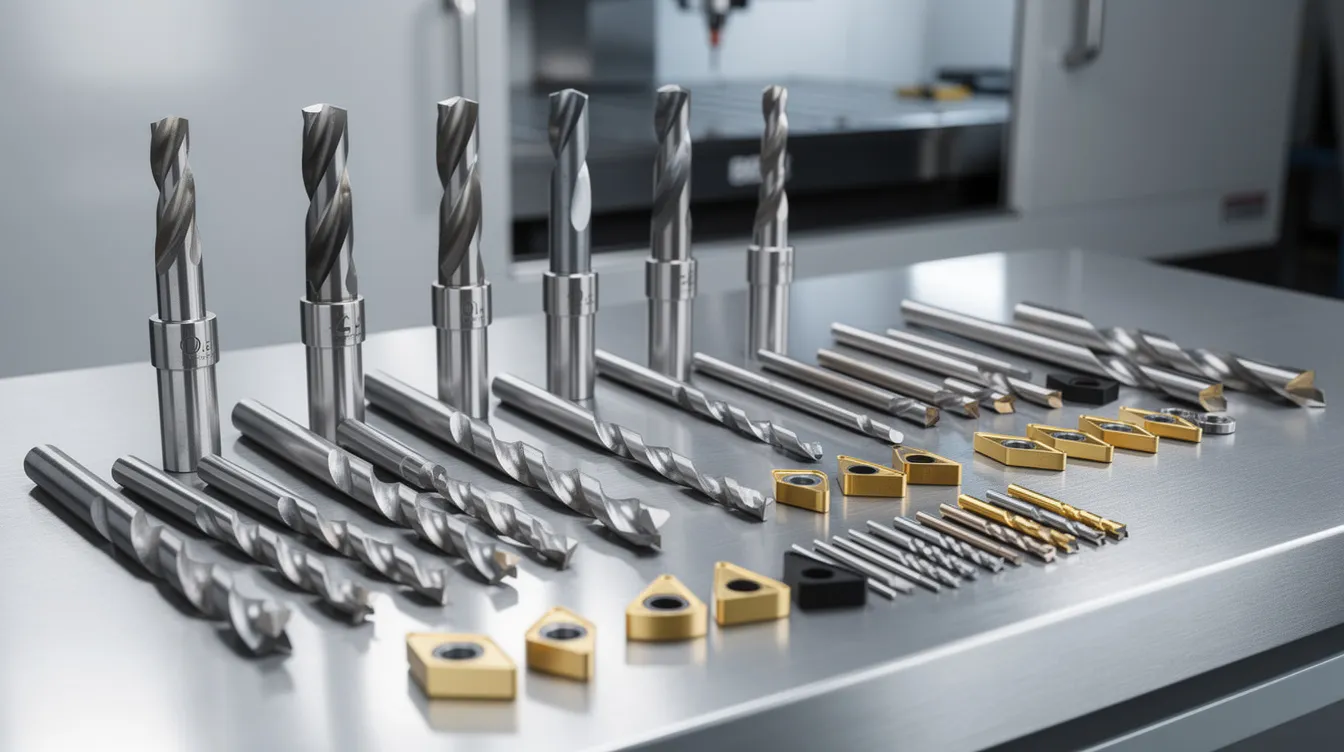 An assortment of CNC cutting tools, including end mills, drill bits, and turning inserts, is neatly arranged on a metal workbench, showcasing the precision and efficiency essential in modern manufacturing for various materials like steel and plastics. This collection highlights the capabilities of CNC machines in creating intricate shapes and holes for diverse industries.