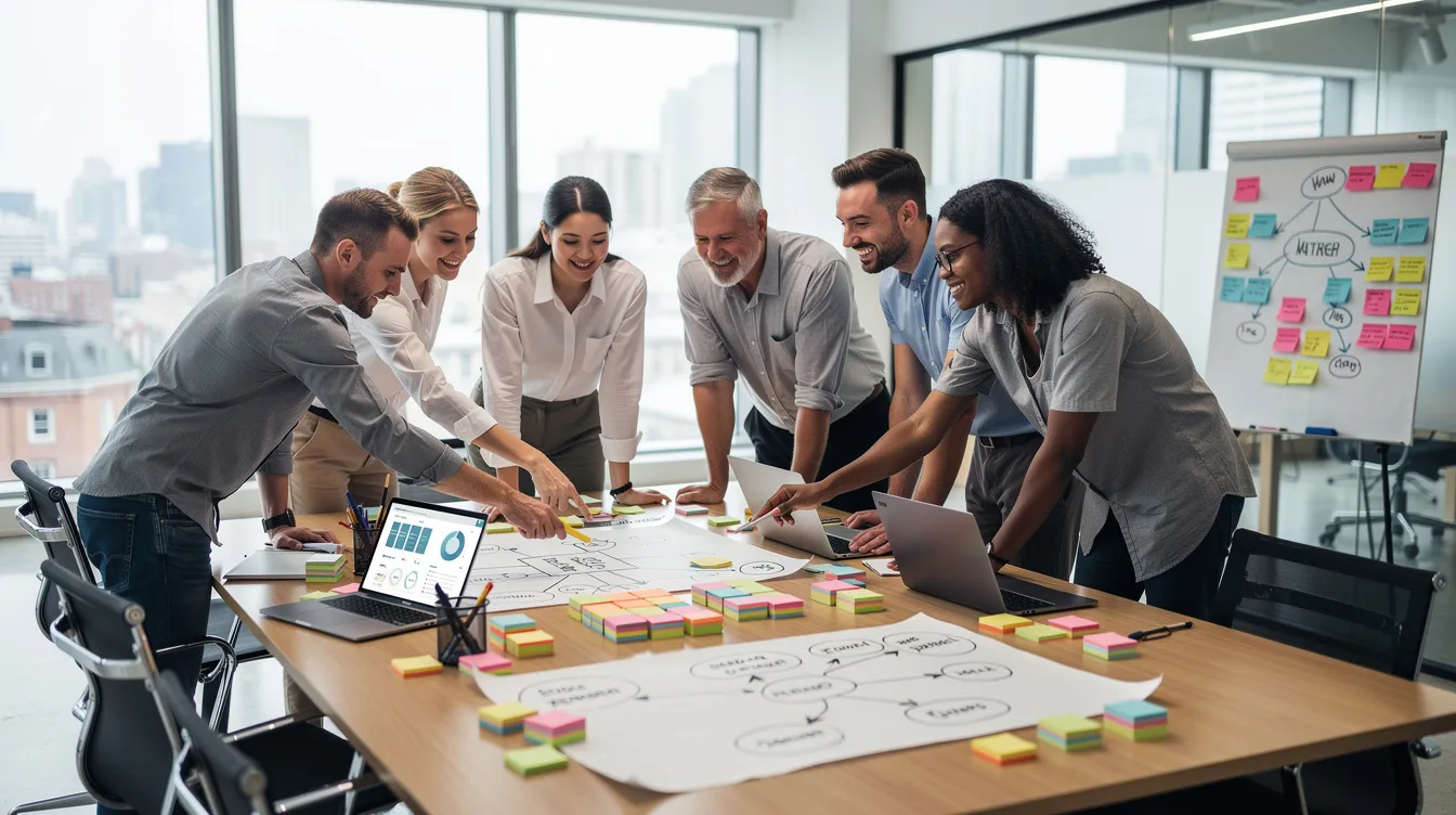 A diverse team of professionals is gathered around a large table filled with colorful sticky notes and detailed process maps, actively collaborating to improve operational efficiency through business process mapping in a modern office setting. They are discussing specific workflows and identifying steps required to manage processes effectively, aiming to enhance their organization's overall performance.