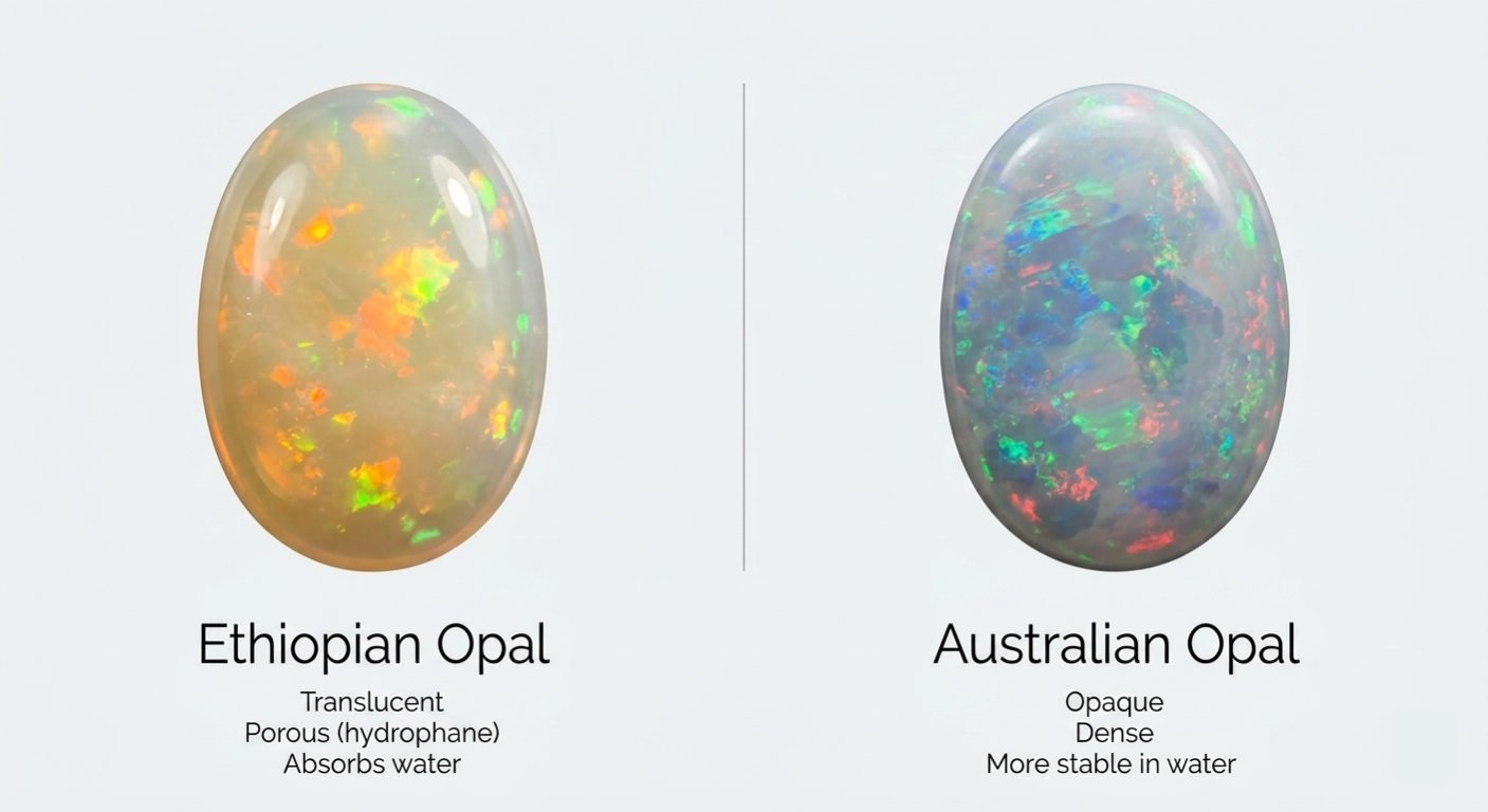 Side-by-side comparison of Ethiopian opal and Australian opal gemstones
