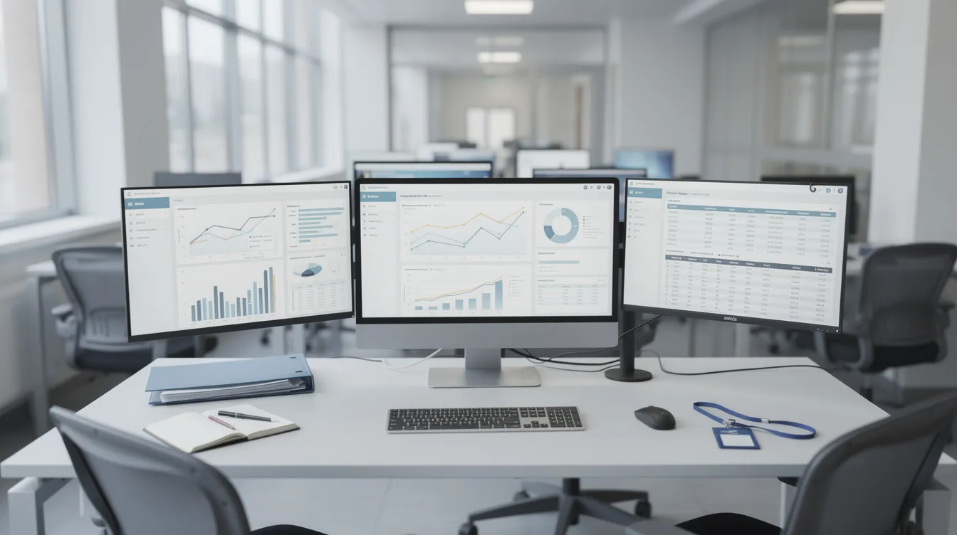 L'immagine mostra una scrivania operativa in un moderno ufficio pubblico, con monitor che visualizzano grafici e documenti digitali relativi a processi di e procurement e gestione degli acquisti. L'ambiente è caratterizzato da un'atmosfera professionale, evidenziando l'importanza della digitalizzazione nel settore delle pubbliche amministrazioni.