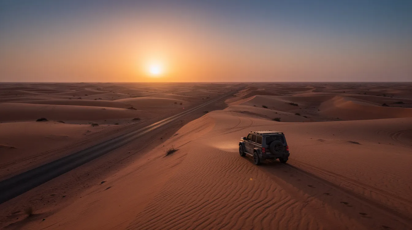 Een prachtige zonsondergang boven de zandduinen van de Sahara, met een auto op een woestijnweg die uitnodigt om Marokko te verkennen. Deze scène benadrukt de vrijheid van het huren van een auto in Marokko, ideaal voor avontuurlijke reizigers.