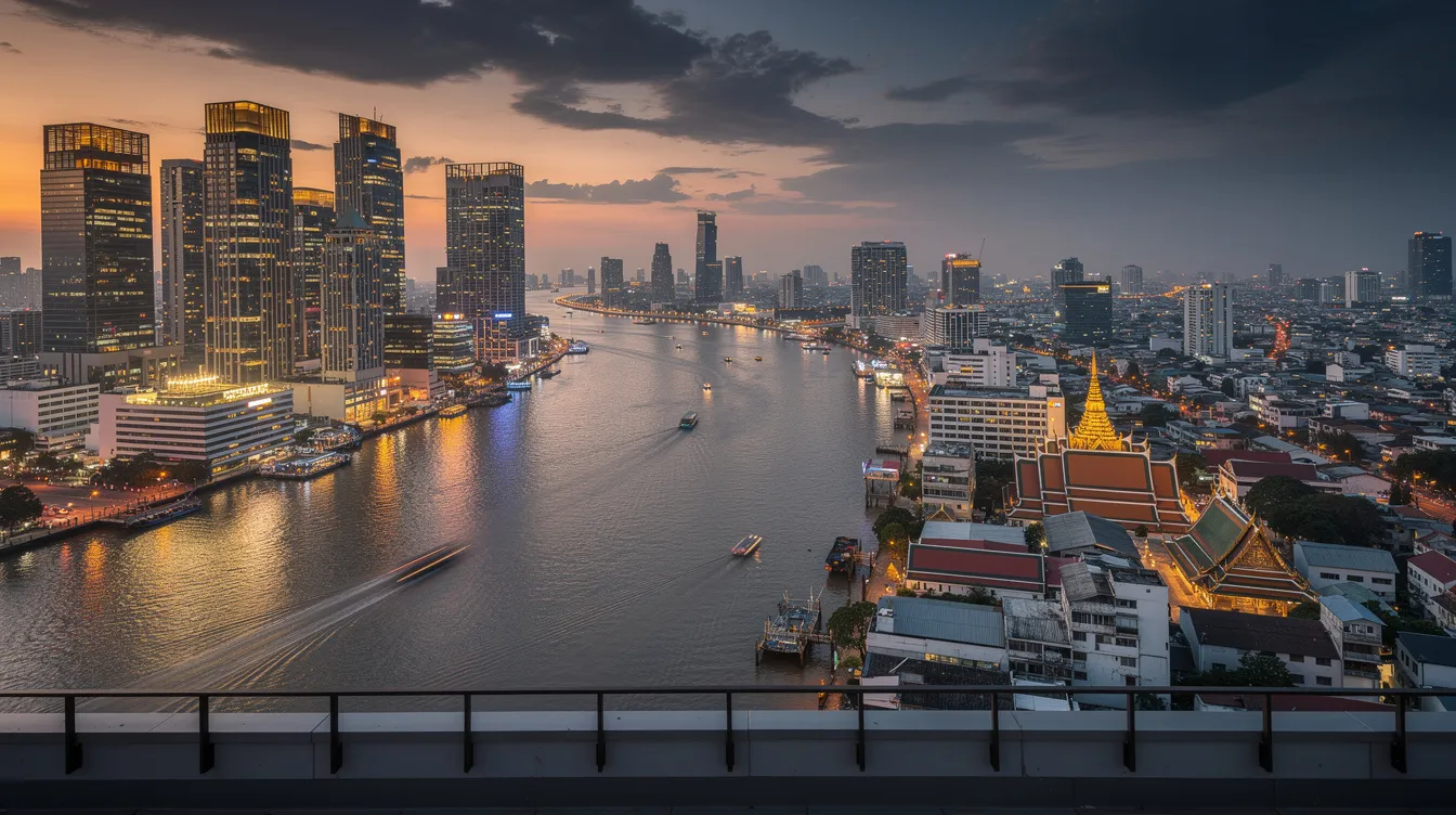Imagem de Bangkok, com arranha-céus modernos ao fundo e um vibrante mercado de rua em primeiro plano, onde pessoas interagem e exploram opções de comidas típicas. A cena captura a energia da cidade, um dos principais destinos turísticos do mundo, oferecendo uma mistura de cultura e modernidade.