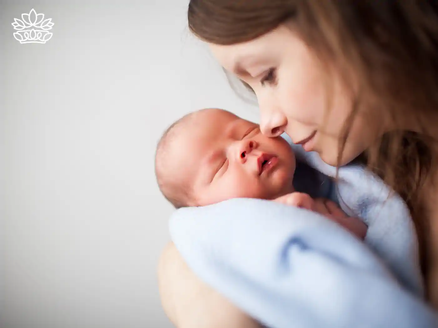 Mother gently touching her sleeping newborn baby. Fabulous Flowers and Gifts Newborn Baby collection.