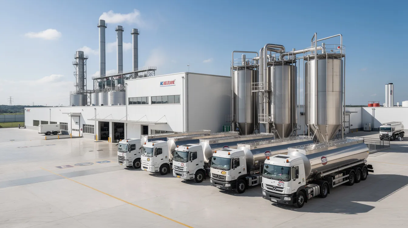 The image depicts a modern dairy processing facility, featuring parked milk tankers and industrial chimneys in the background, highlighting the milk powder manufacturing plant's role in the dairy processing industry. This facility is designed for efficient operations, focusing on the production of various milk powder products, including skimmed and whole milk powder.