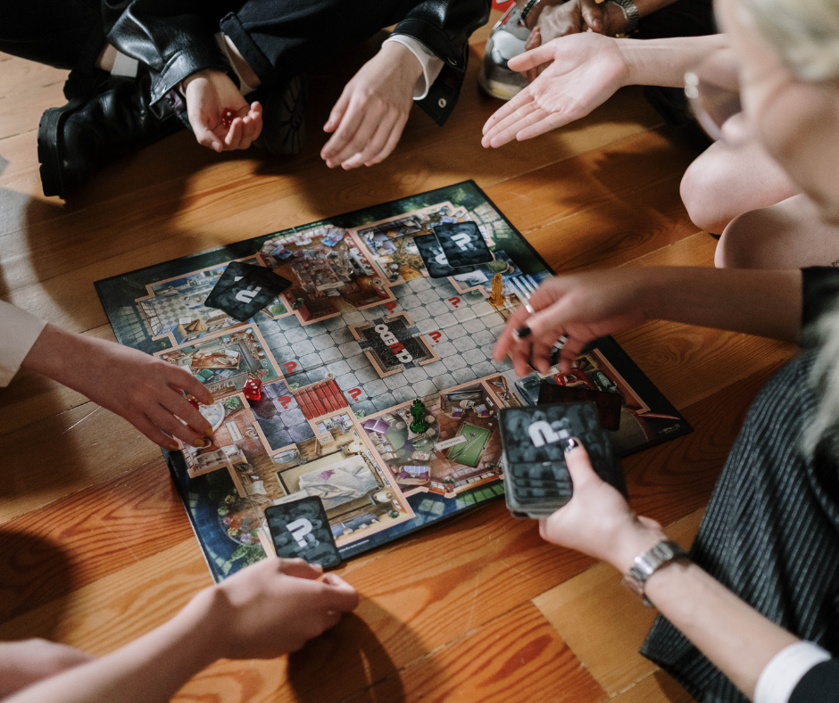 A group of friends playing an escape room game